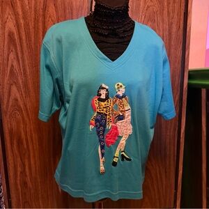 Whimsical Lisa Inc Embellished Blue T shirt with nostalgia design of 80 and 90s